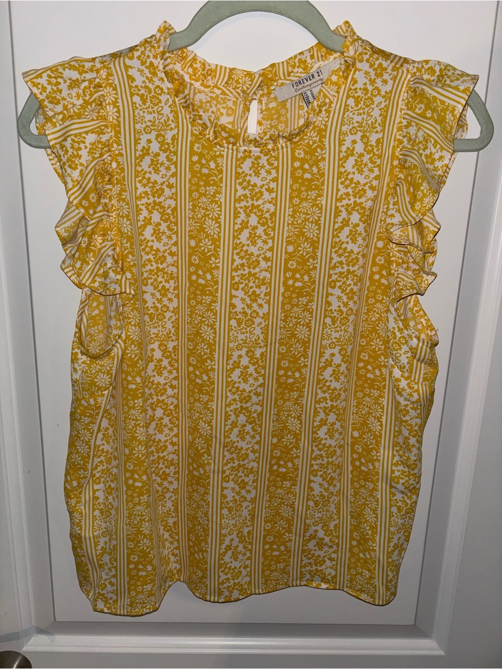 Forever 21 Yellow Floral Striped Ruffle Sleeve Tank